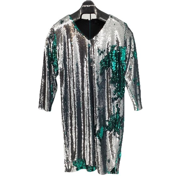 NWT ELOQUII Long Sleeve V-Neck Reversible Sequin Dress Silver Green Sz 24 Party - Picture 3 of 13